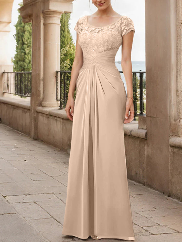 Robe de Mère de la Mariée en Mousseline de Soie, Longueur Au Sol, Fourreau/Colonne, avec Volants en Dentelle