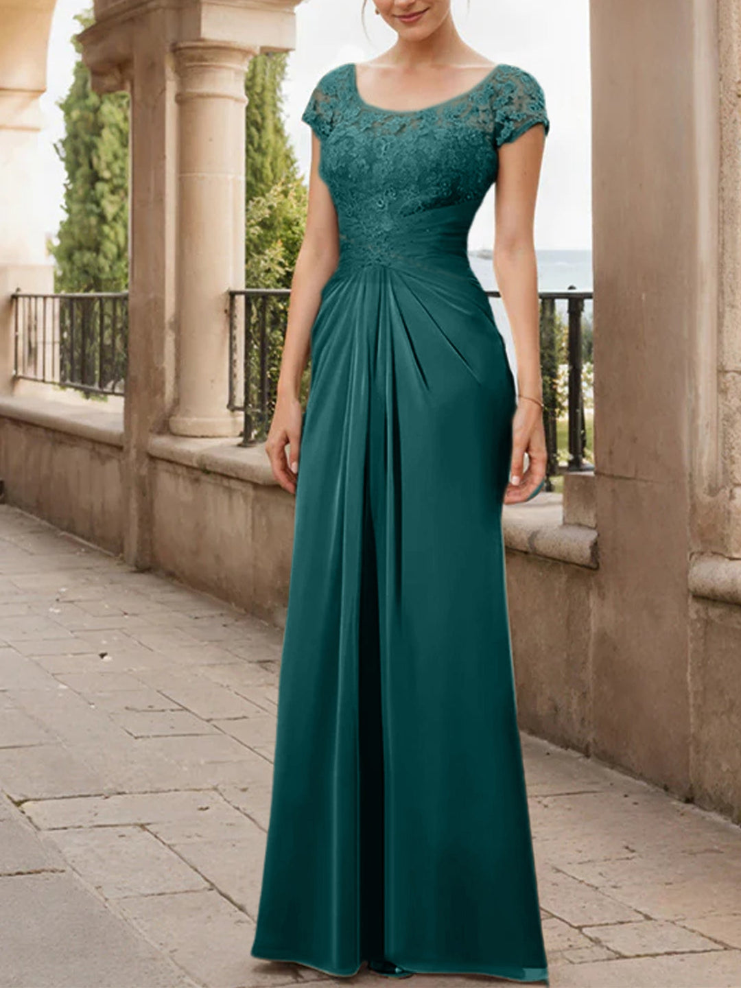Robe de Mère de la Mariée en Mousseline de Soie, Longueur Au Sol, Fourreau/Colonne, avec Volants en Dentelle