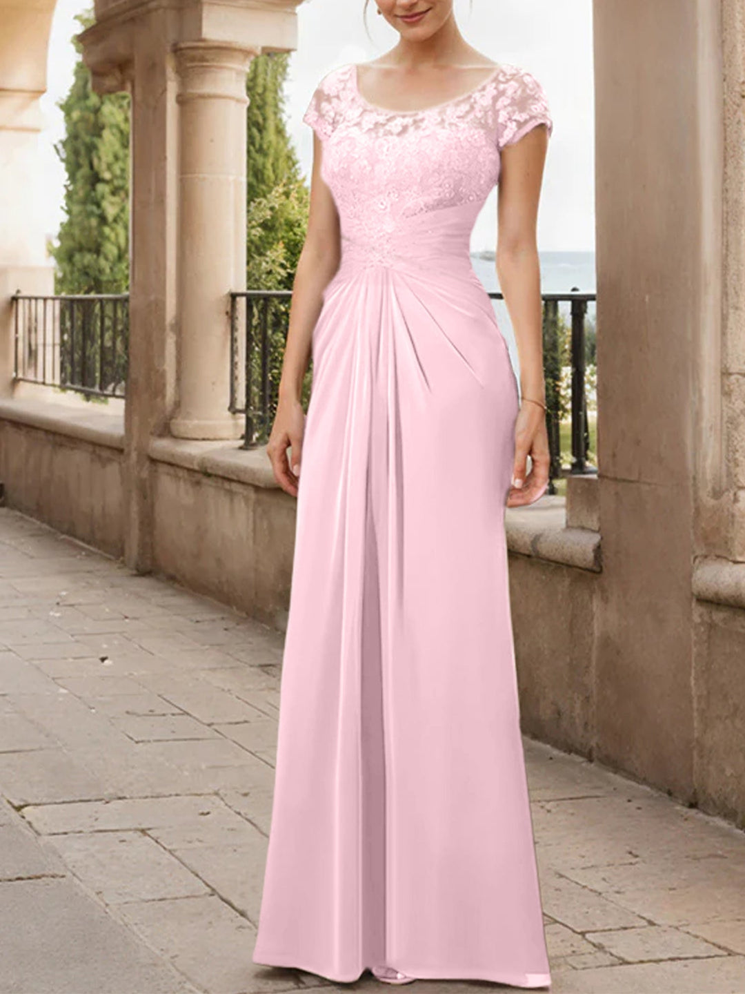 Robe de Mère de la Mariée en Mousseline de Soie, Longueur Au Sol, Fourreau/Colonne, avec Volants en Dentelle