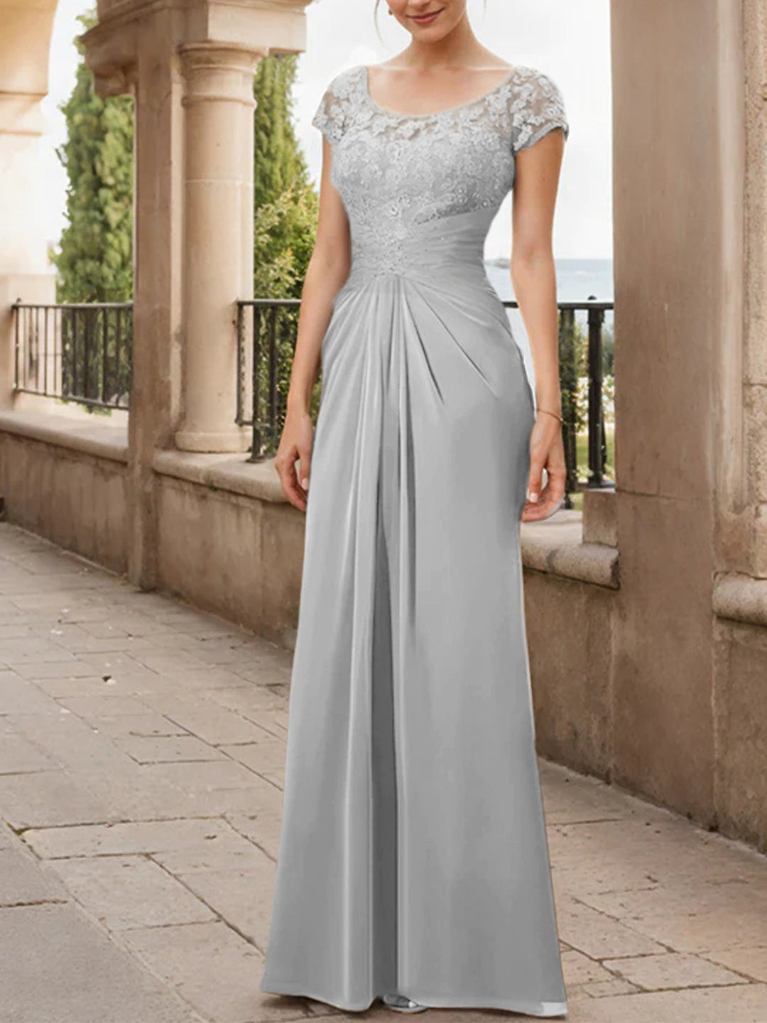 Robe de Mère de la Mariée en Mousseline de Soie, Longueur Au Sol, Fourreau/Colonne, avec Volants en Dentelle