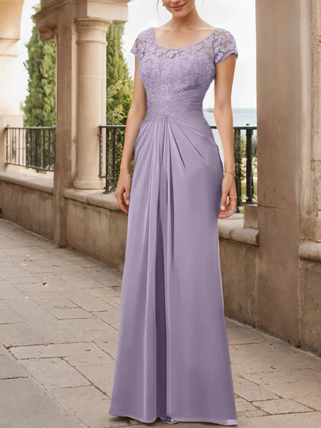 Robe de Mère de la Mariée en Mousseline de Soie, Longueur Au Sol, Fourreau/Colonne, avec Volants en Dentelle