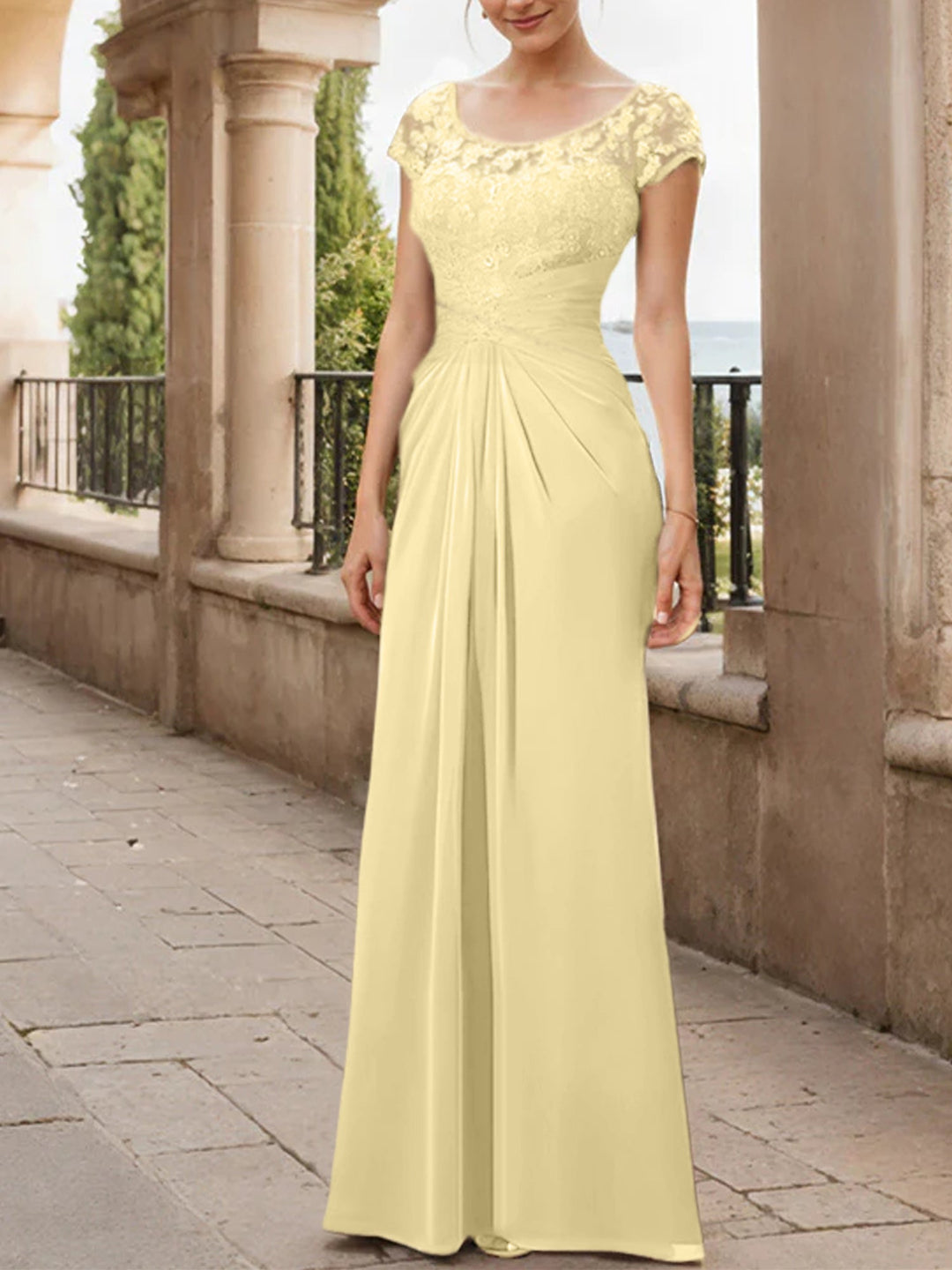 Robe de Mère de la Mariée en Mousseline de Soie, Longueur Au Sol, Fourreau/Colonne, avec Volants en Dentelle