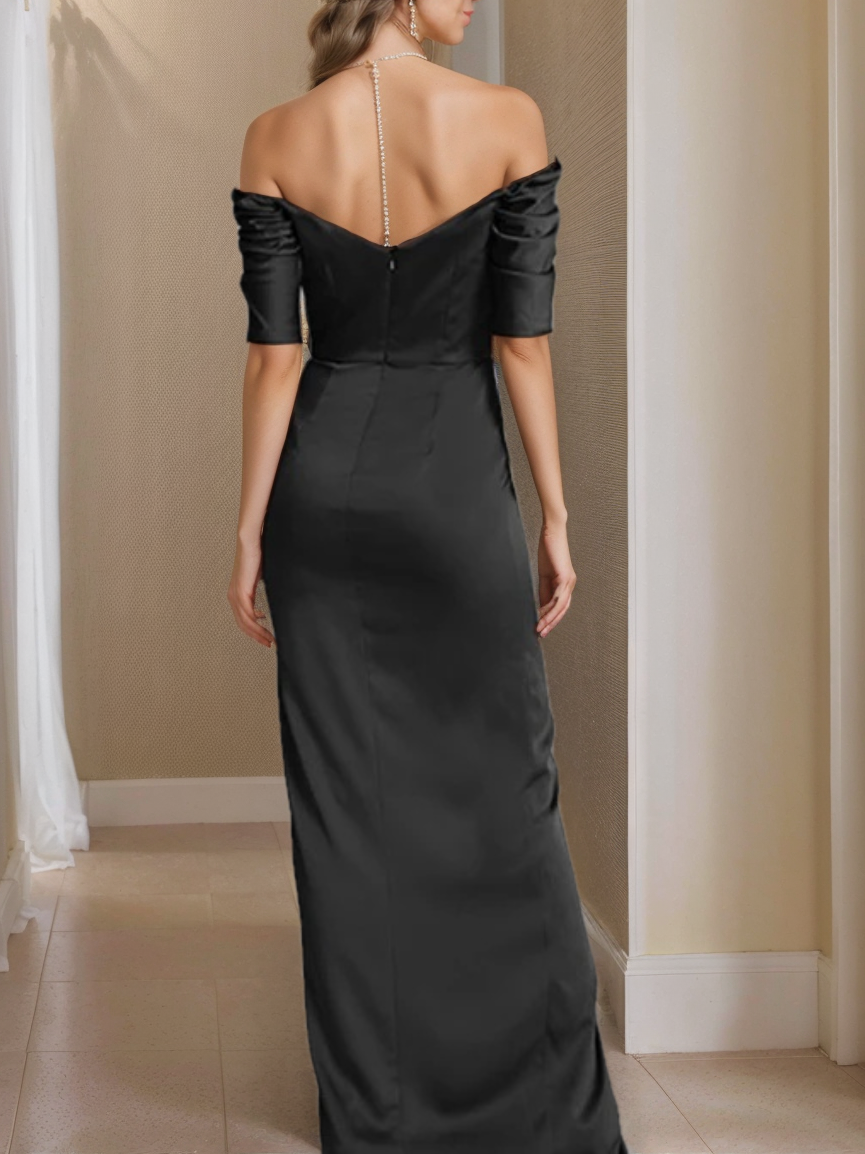 Robe de Mère de la Mariée Fourreau/Colonne à Épaules Dénudées et Manches Courtes, Longueur Au Sol, avec Devant Fendu