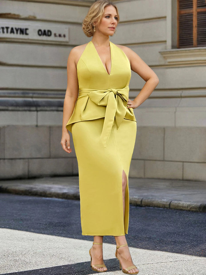 Robe de Mère de la Mariée Grande Taille Sans Manches, Coupe Licou, Coupe Fourreau/Colonne, Longueur Thé, avec Nœud