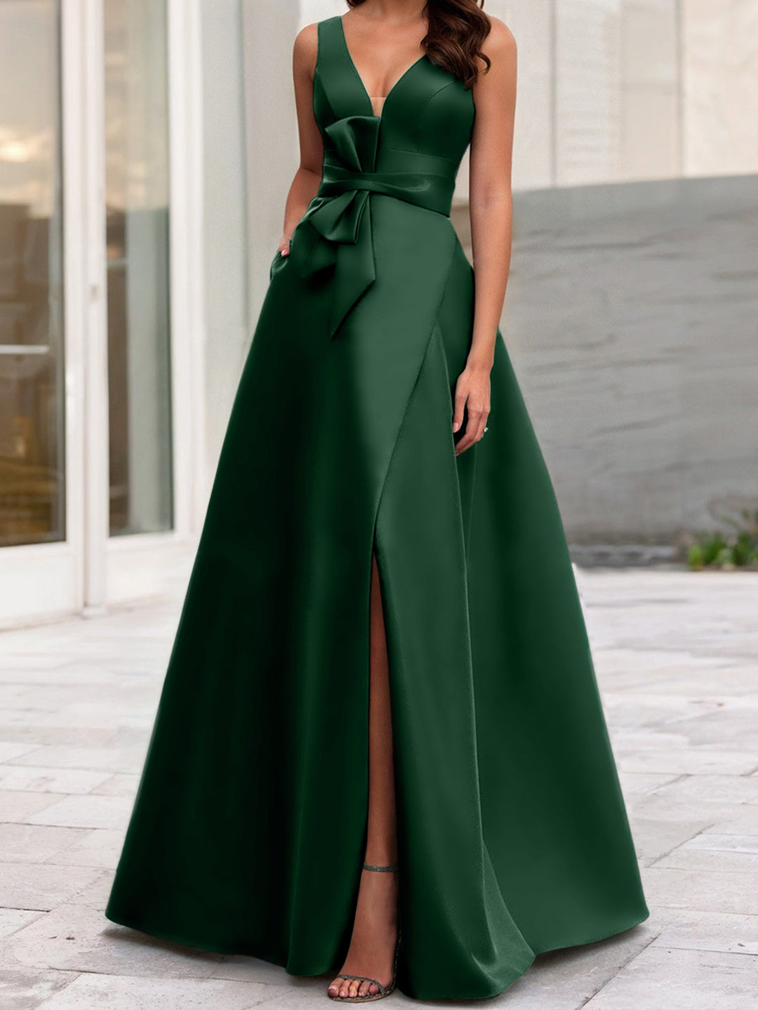 Robe de Mère de la Mariée Coupe A-Line/Princess à Col en V Sans Manches avec Fente Sur le Côté