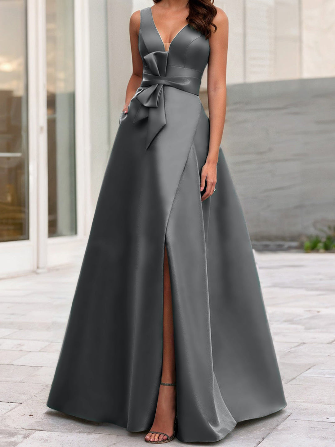 Robe de Mère de la Mariée Coupe A-Line/Princess à Col en V Sans Manches avec Fente Sur le Côté