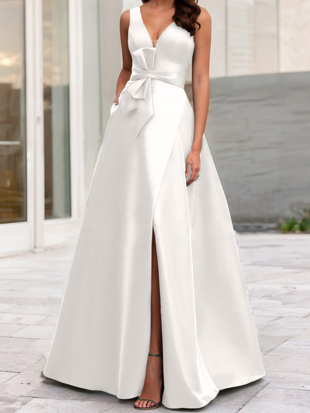Robe de Mère de la Mariée Coupe A-Line/Princess à Col en V Sans Manches avec Fente Sur le Côté