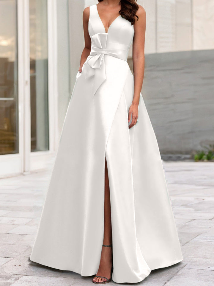 Robe de Mère de la Mariée Coupe A-Line/Princess à Col en V Sans Manches avec Fente Sur le Côté