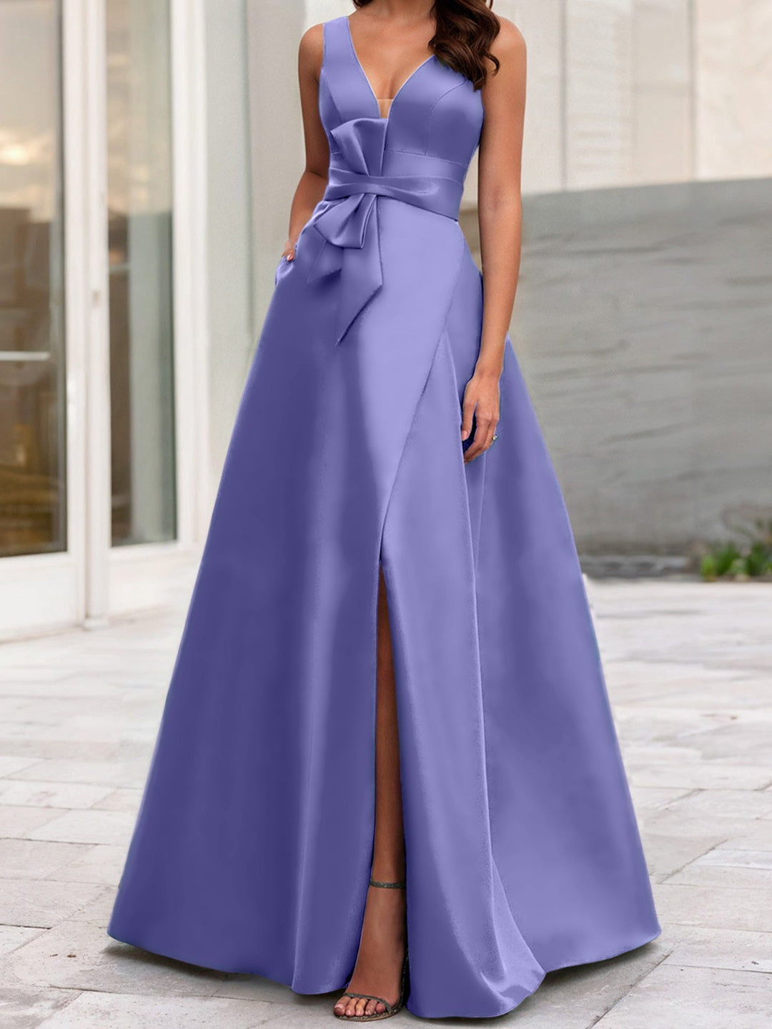 Robe de Mère de la Mariée Coupe A-Line/Princess à Col en V Sans Manches avec Fente Sur le Côté