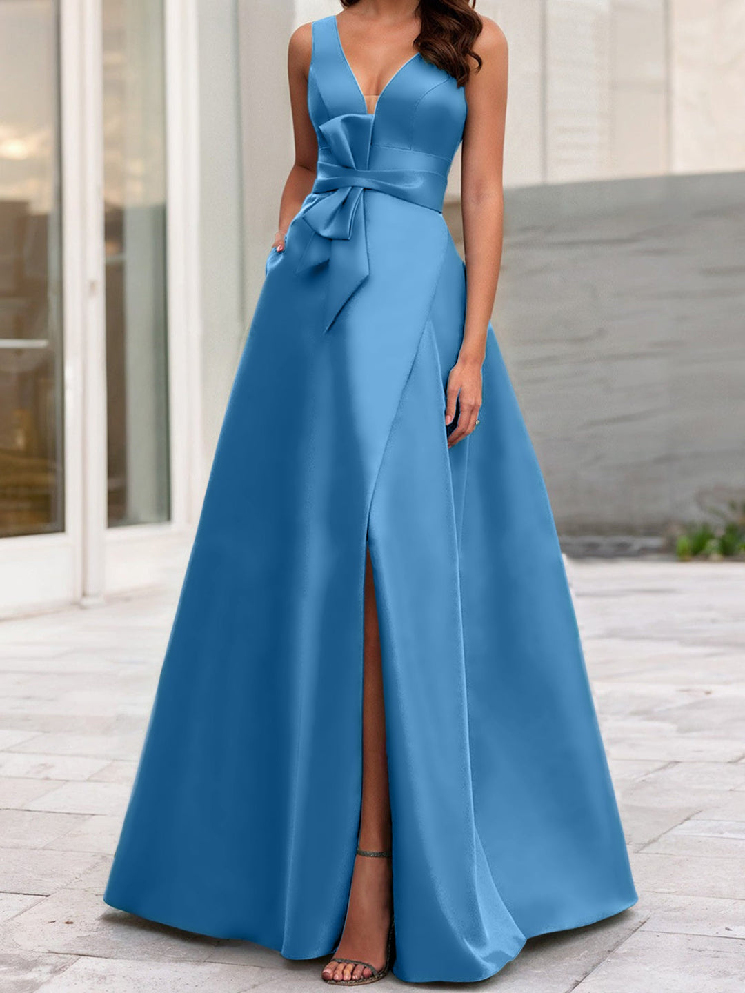 Robe de Mère de la Mariée Coupe A-Line/Princess à Col en V Sans Manches avec Fente Sur le Côté