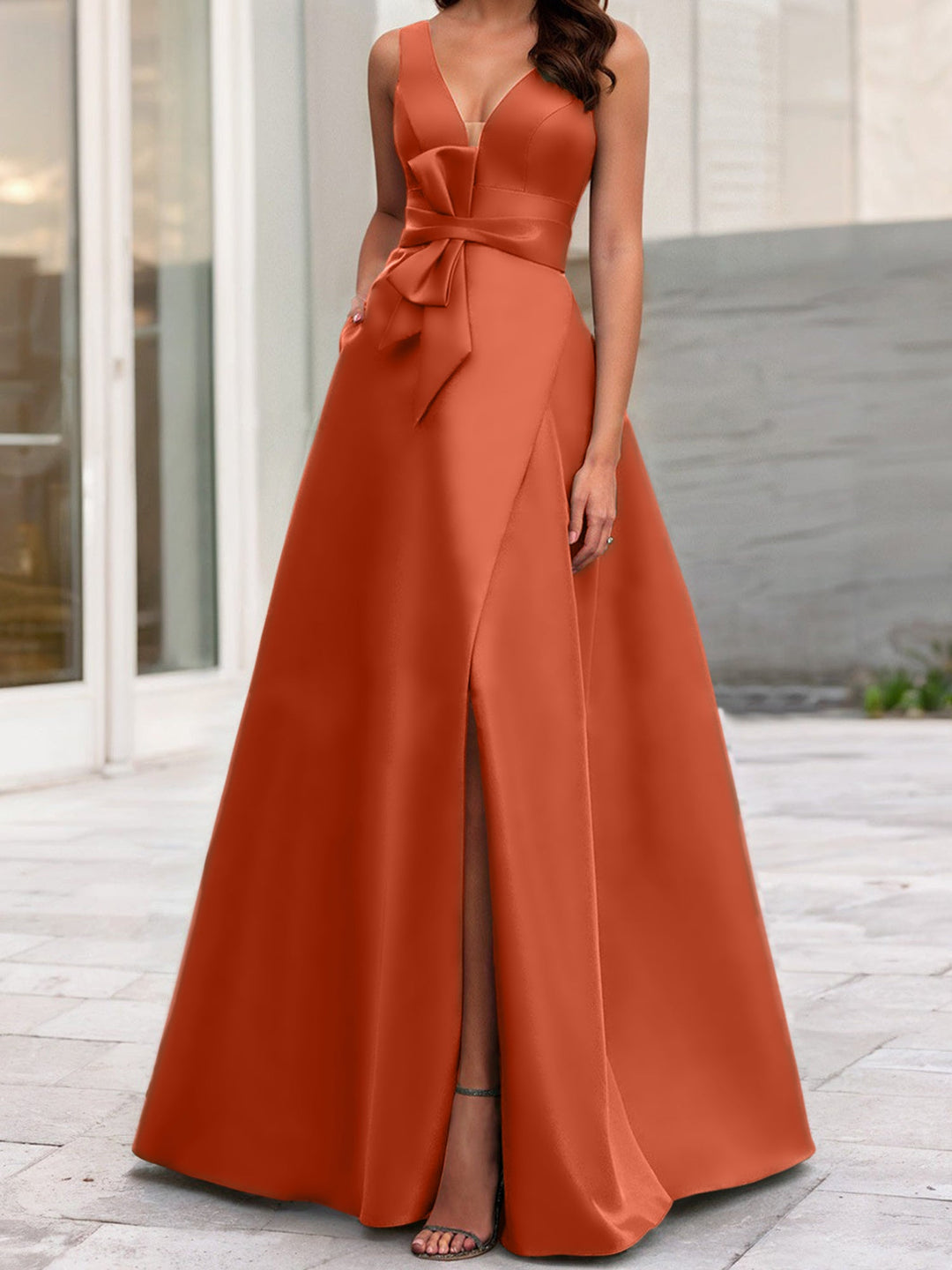 Robe de Mère de la Mariée Coupe A-Line/Princess à Col en V Sans Manches avec Fente Sur le Côté