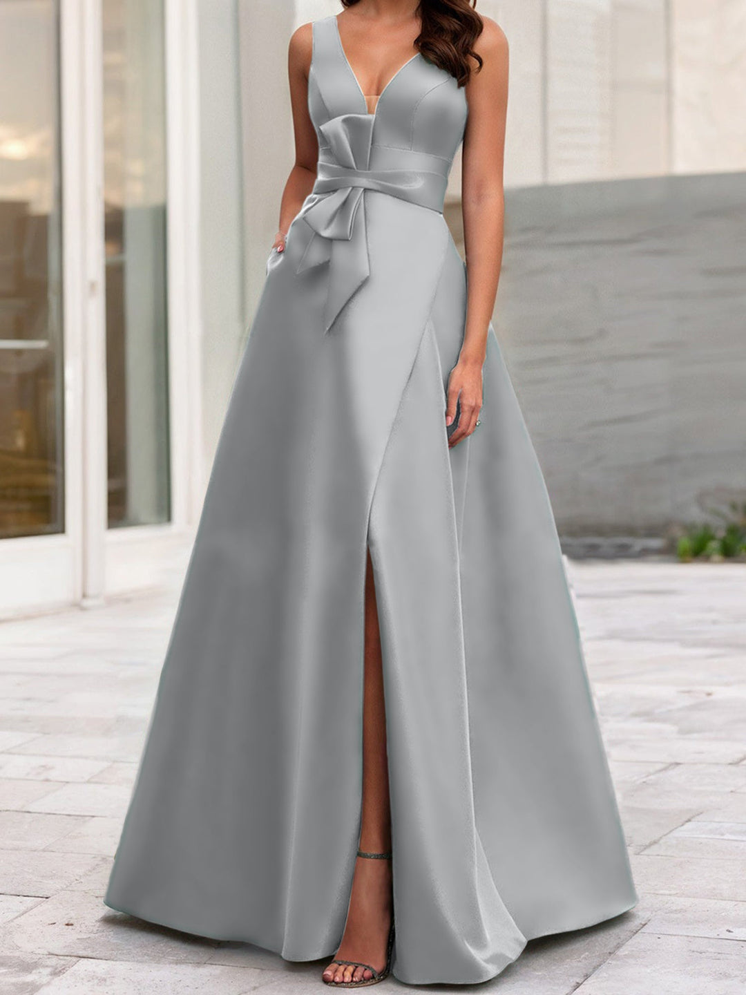 Robe de Mère de la Mariée Coupe A-Line/Princess à Col en V Sans Manches avec Fente Sur le Côté