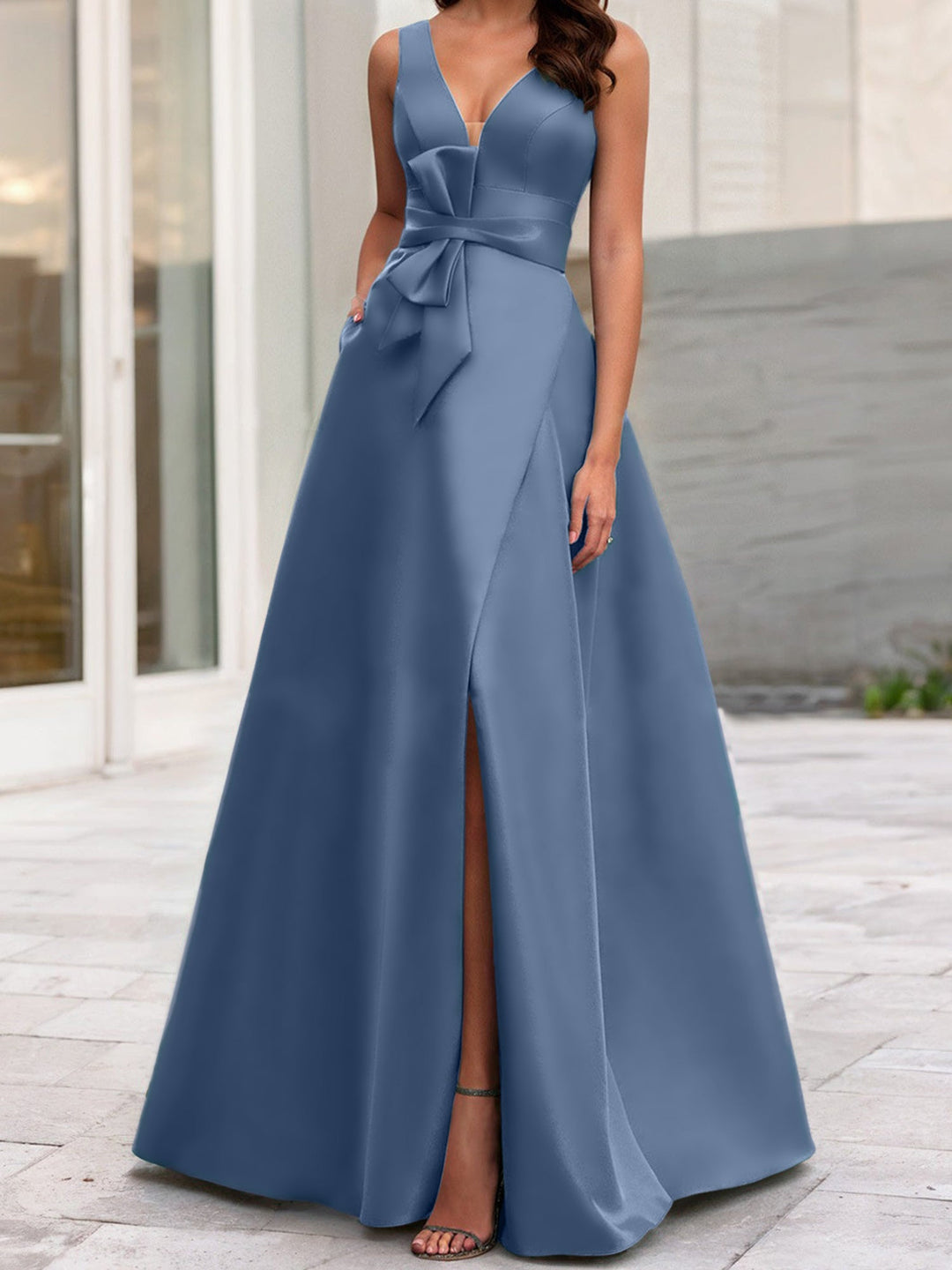 Robe de Mère de la Mariée Coupe A-Line/Princess à Col en V Sans Manches avec Fente Sur le Côté