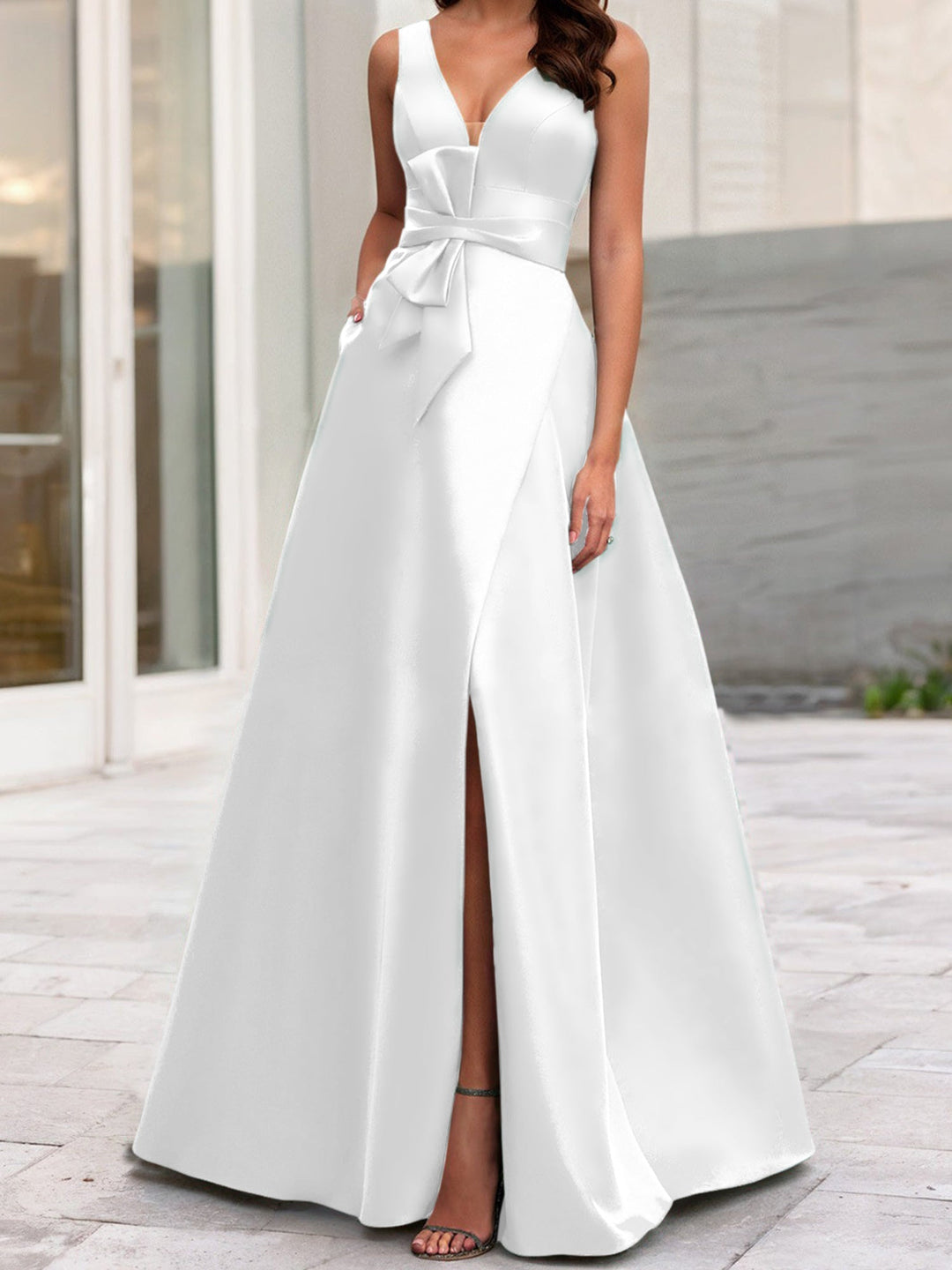 Robe de Mère de la Mariée Coupe A-Line/Princess à Col en V Sans Manches avec Fente Sur le Côté