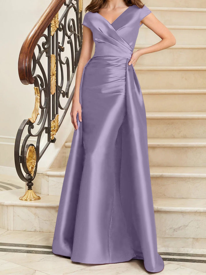 Robe de Mère de la Mariée en Satin Sans Manches à Col en V et Gaine/Colonne