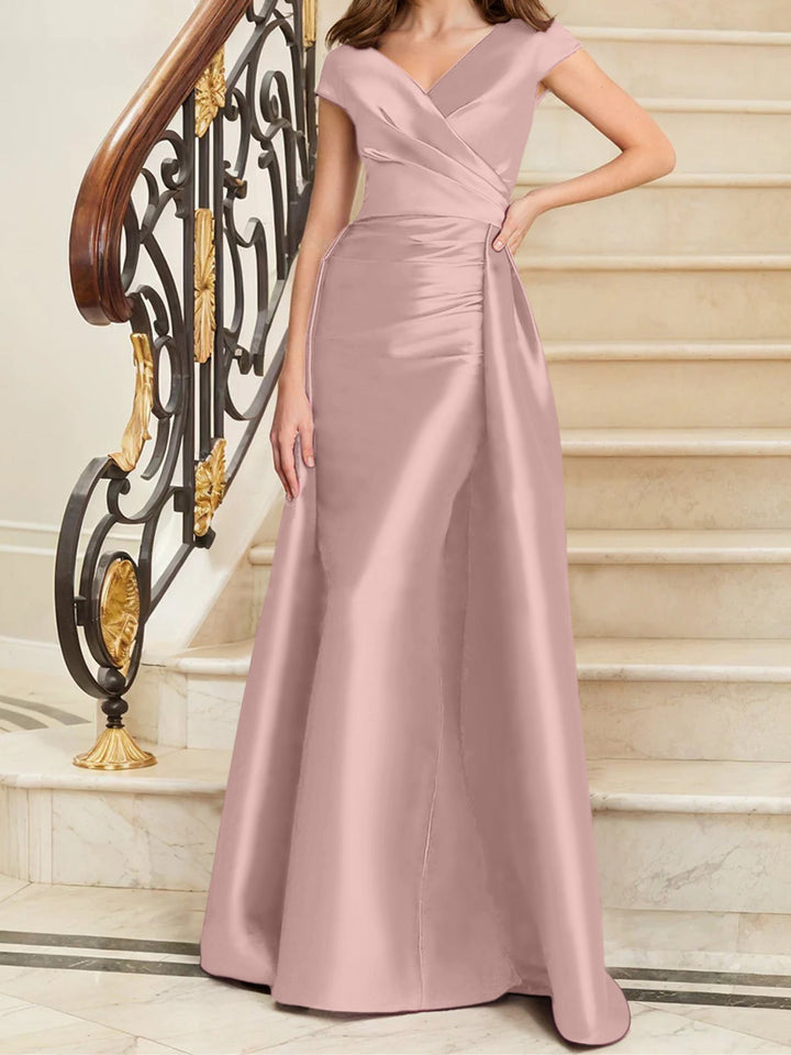 Robe de Mère de la Mariée en Satin Sans Manches à Col en V et Gaine/Colonne