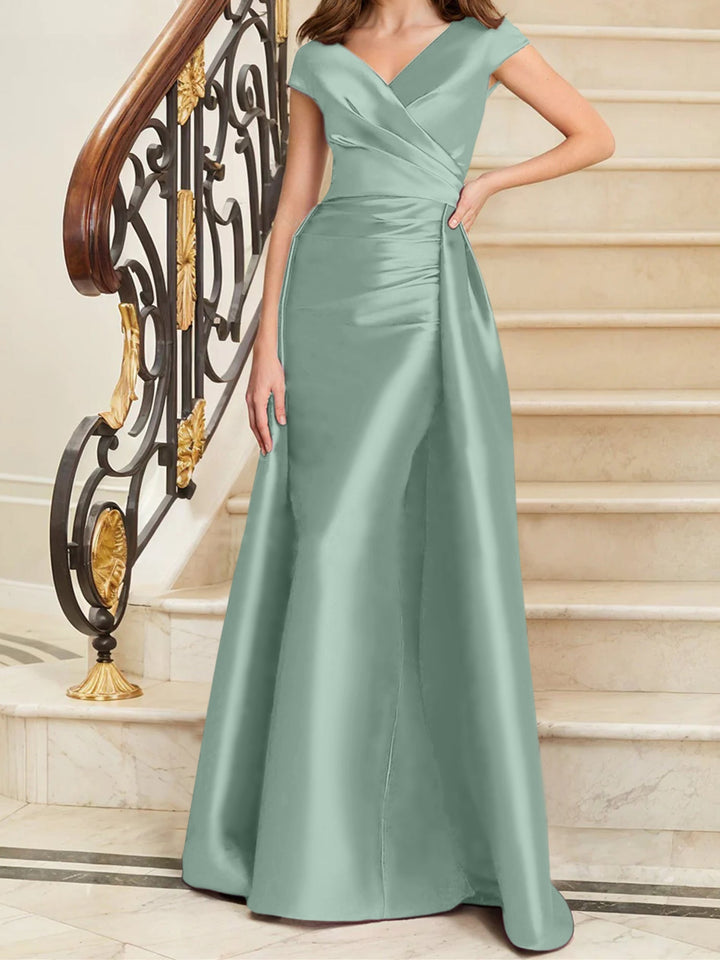 Robe de Mère de la Mariée en Satin Sans Manches à Col en V et Gaine/Colonne