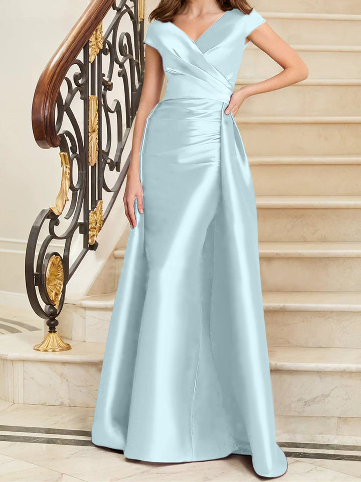 Robe de Mère de la Mariée en Satin Sans Manches à Col en V et Gaine/Colonne