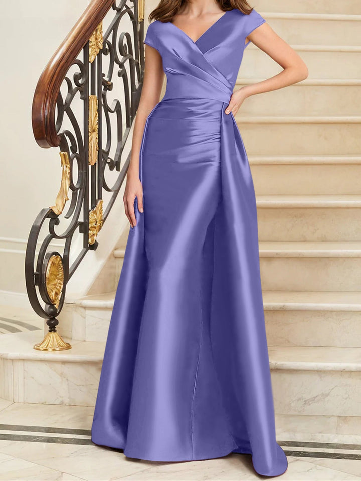 Robe de Mère de la Mariée en Satin Sans Manches à Col en V et Gaine/Colonne