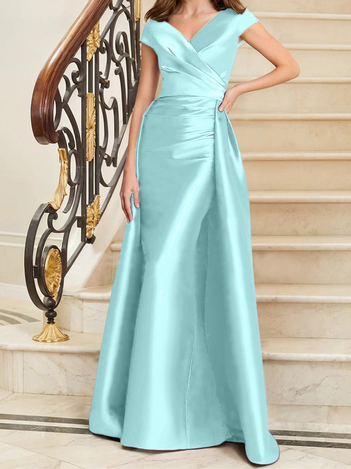 Robe de Mère de la Mariée en Satin Sans Manches à Col en V et Gaine/Colonne