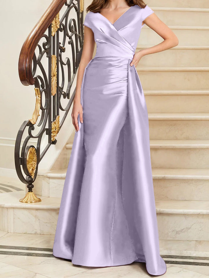 Robe de Mère de la Mariée en Satin Sans Manches à Col en V et Gaine/Colonne