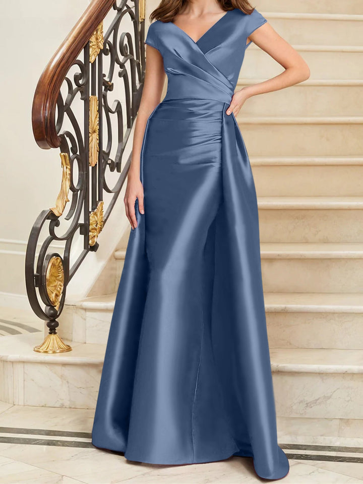 Robe de Mère de la Mariée en Satin Sans Manches à Col en V et Gaine/Colonne