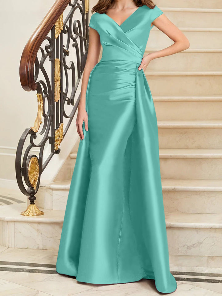 Robe de Mère de la Mariée en Satin Sans Manches à Col en V et Gaine/Colonne