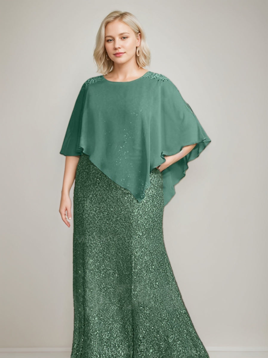 Robe de Mère de la Mariée Grande Taille en Mousseline de Soie à Manches Mi-Longues et à Perles et Paillettes
