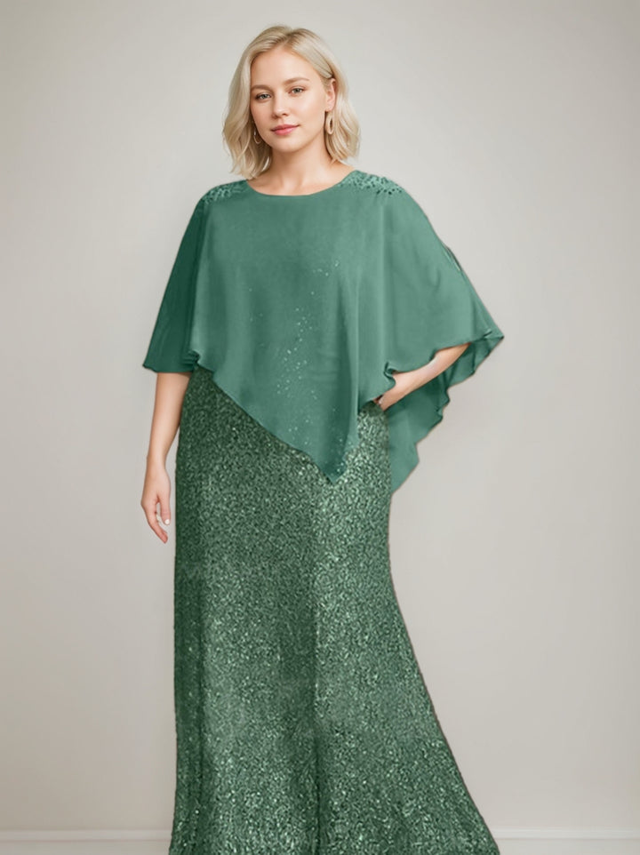Robe de Mère de la Mariée Grande Taille en Mousseline de Soie à Manches Mi-Longues et à Perles et Paillettes