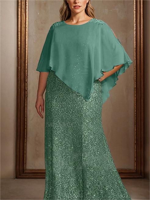 Robe de Mère de la Mariée Grande Taille en Mousseline de Soie à Manches Mi-Longues et à Perles et Paillettes