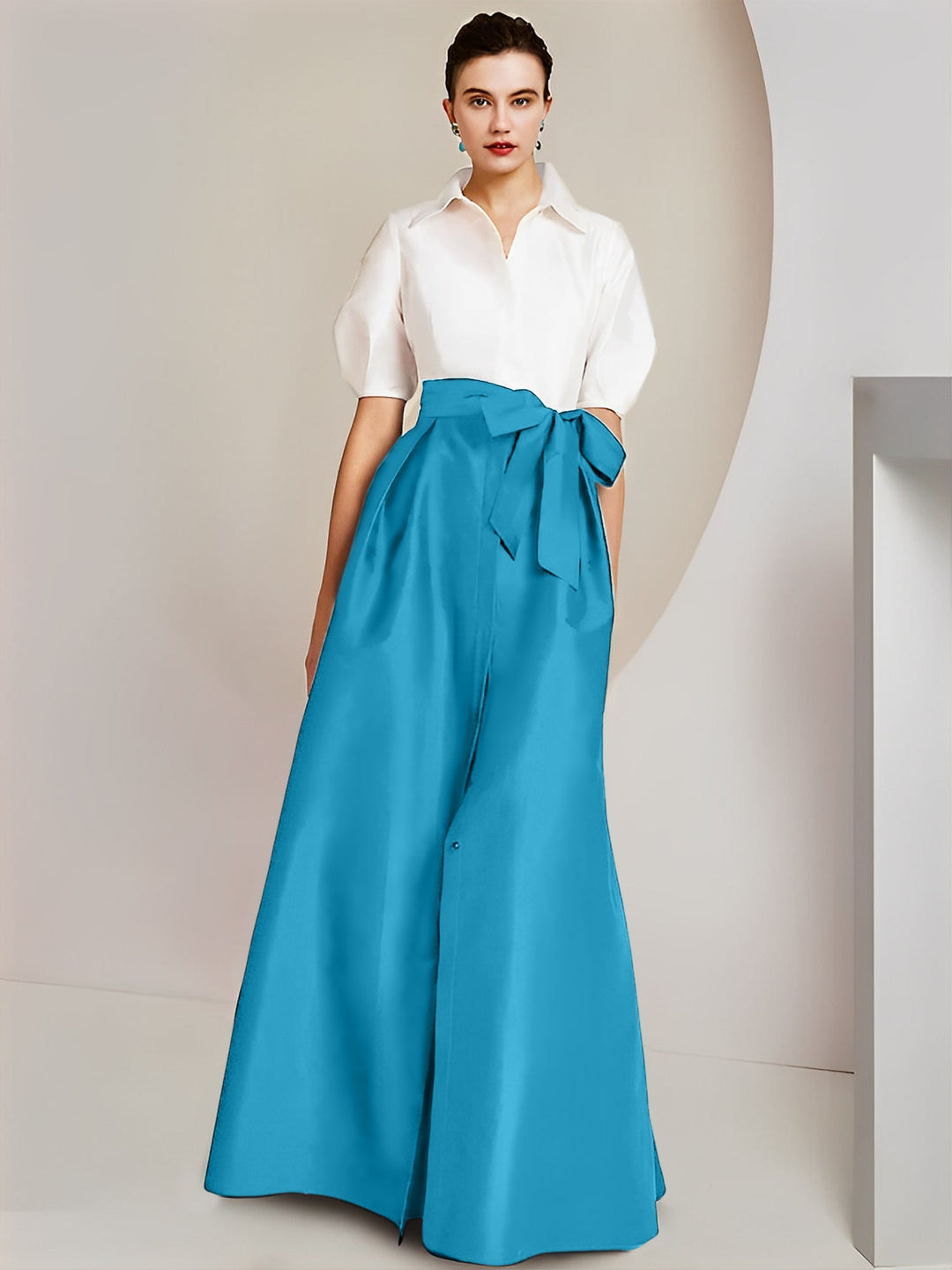 Robe Mère de la Mariée 2 Pièces Coupe A-Line/Princess, Col Chemise, Manches Courtes, Longueur Au Sol, avec Nœud