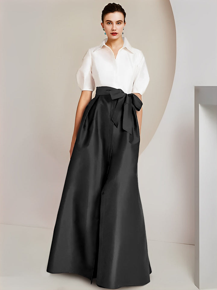 Robe Mère de la Mariée 2 Pièces Coupe A-Line/Princess, Col Chemise, Manches Courtes, Longueur Au Sol, avec Nœud
