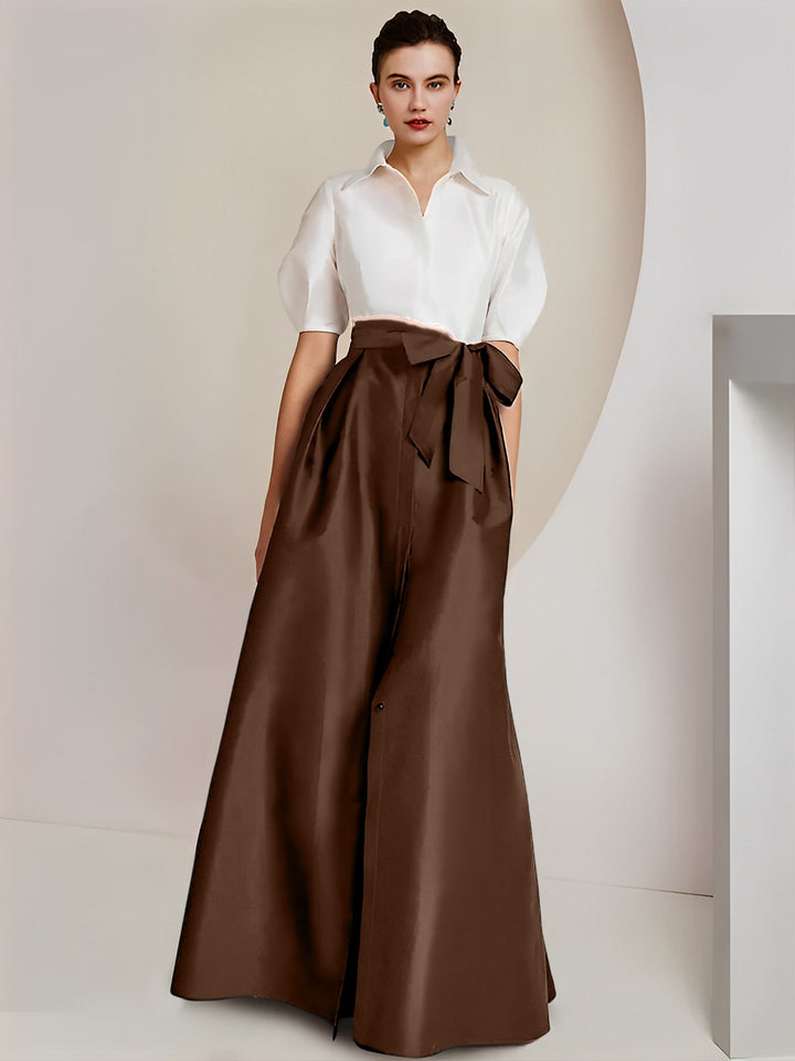 Robe Mère de la Mariée 2 Pièces Coupe A-Line/Princess, Col Chemise, Manches Courtes, Longueur Au Sol, avec Nœud