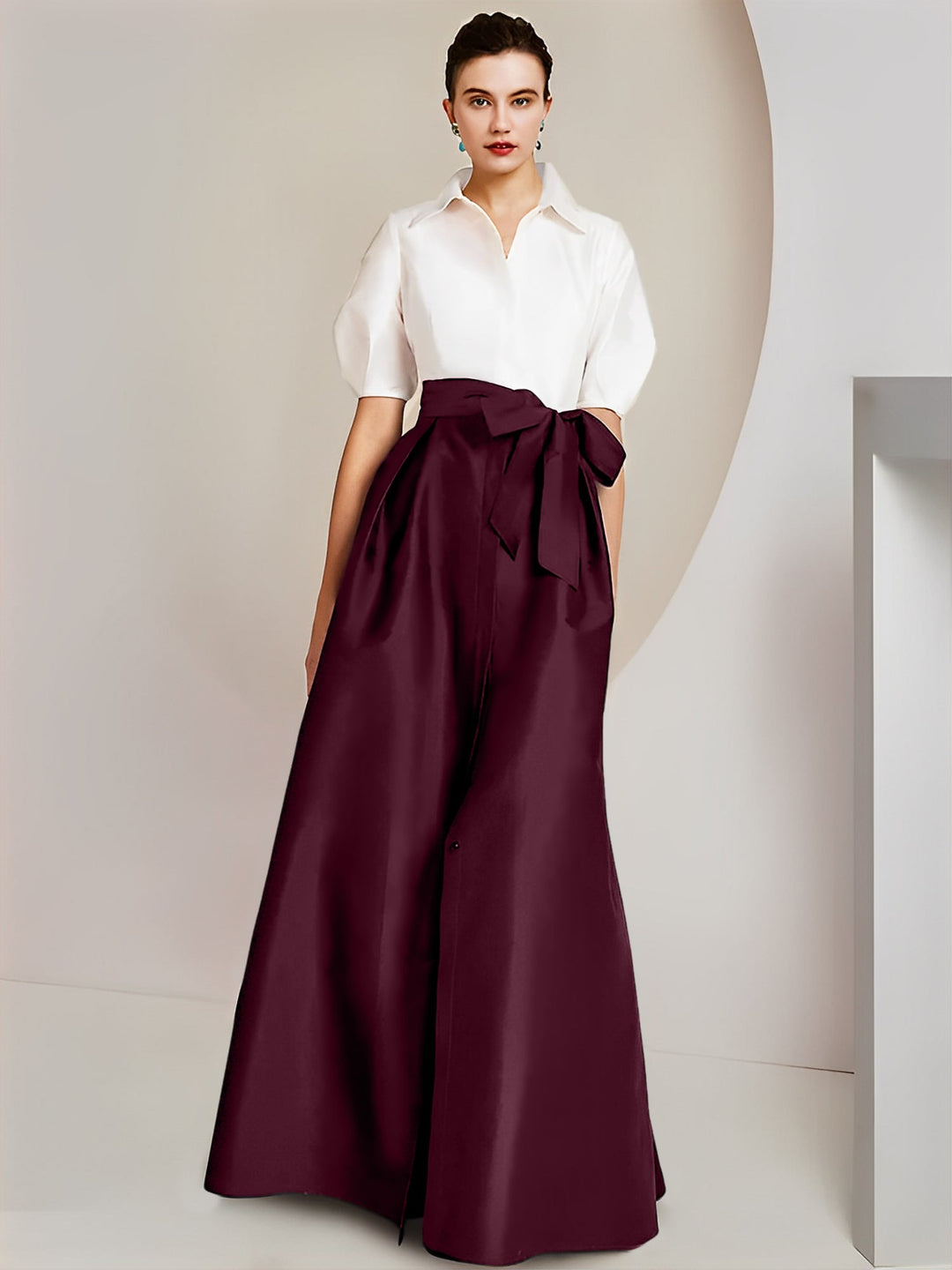 Robe Mère de la Mariée 2 Pièces Coupe A-Line/Princess, Col Chemise, Manches Courtes, Longueur Au Sol, avec Nœud