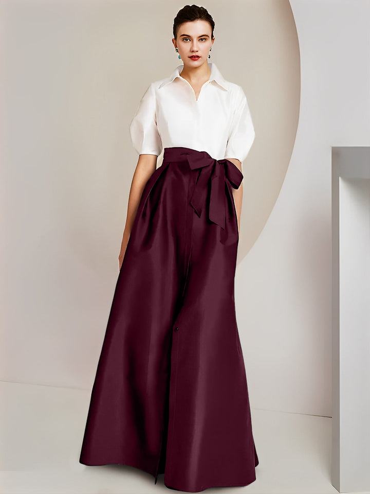 Robe Mère de la Mariée 2 Pièces Coupe A-Line/Princess, Col Chemise, Manches Courtes, Longueur Au Sol, avec Nœud