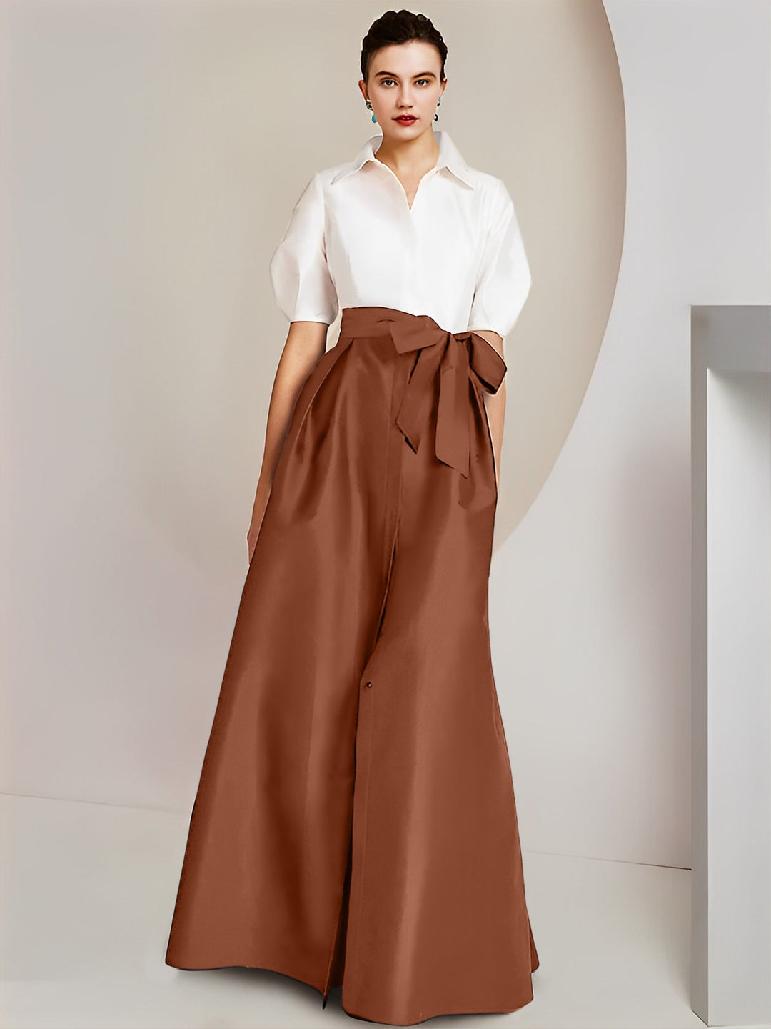 Robe Mère de la Mariée 2 Pièces Coupe A-Line/Princess, Col Chemise, Manches Courtes, Longueur Au Sol, avec Nœud