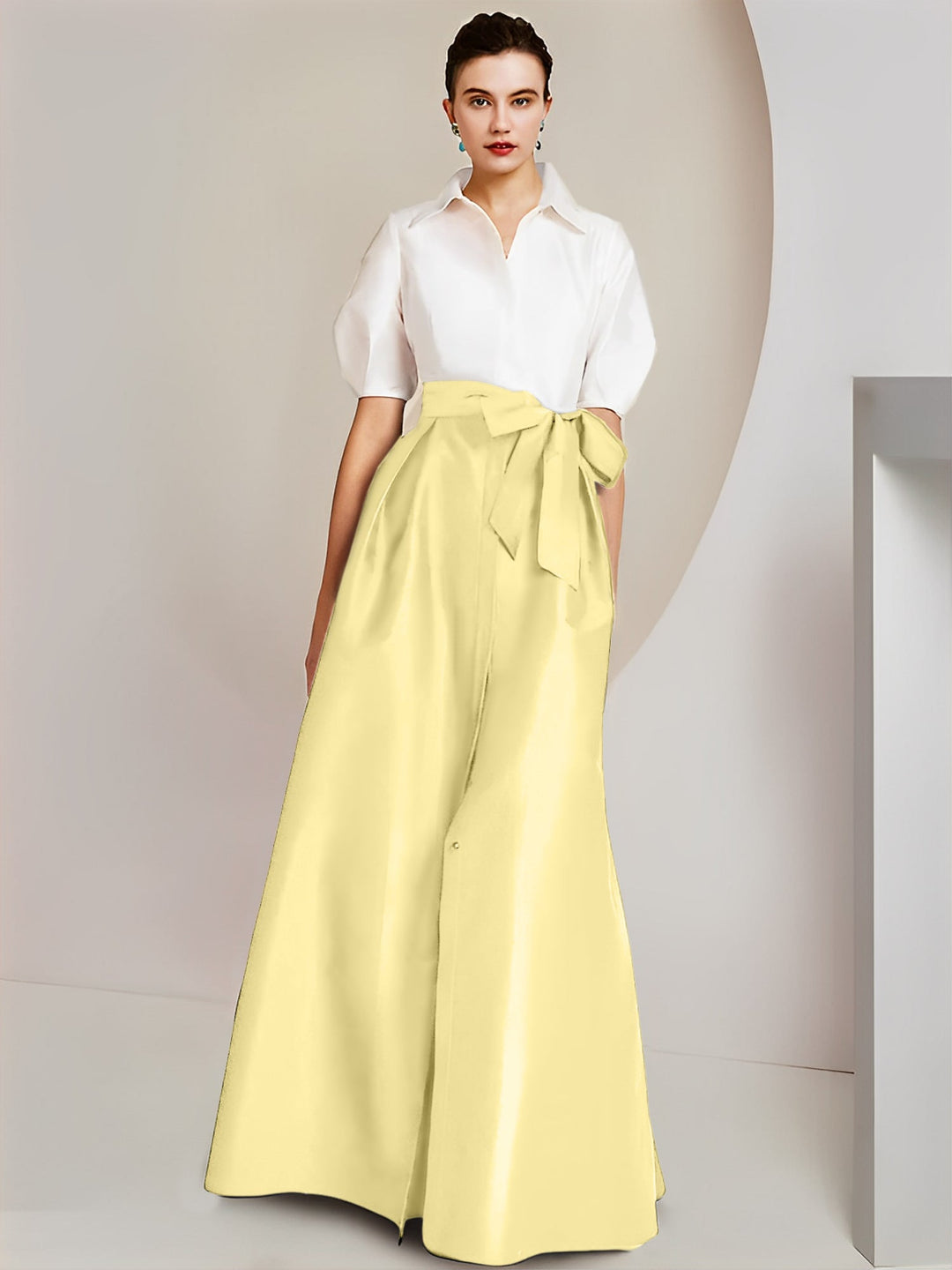 Robe Mère de la Mariée 2 Pièces Coupe A-Line/Princess, Col Chemise, Manches Courtes, Longueur Au Sol, avec Nœud