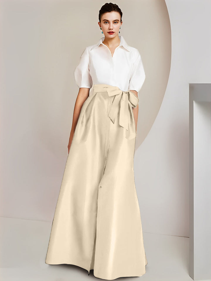Robe Mère de la Mariée 2 Pièces Coupe A-Line/Princess, Col Chemise, Manches Courtes, Longueur Au Sol, avec Nœud