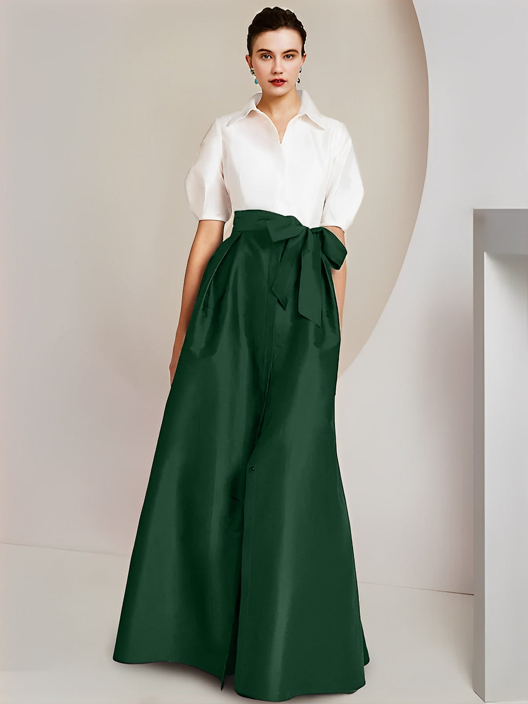 Robe Mère de la Mariée 2 Pièces Coupe A-Line/Princess, Col Chemise, Manches Courtes, Longueur Au Sol, avec Nœud