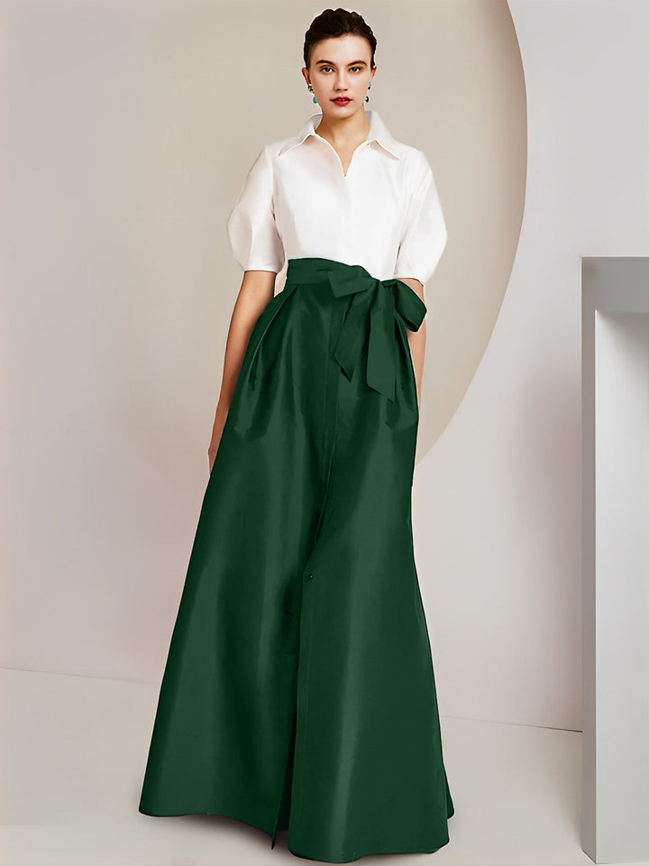 Robe Mère de la Mariée 2 Pièces Coupe A-Line/Princess, Col Chemise, Manches Courtes, Longueur Au Sol, avec Nœud