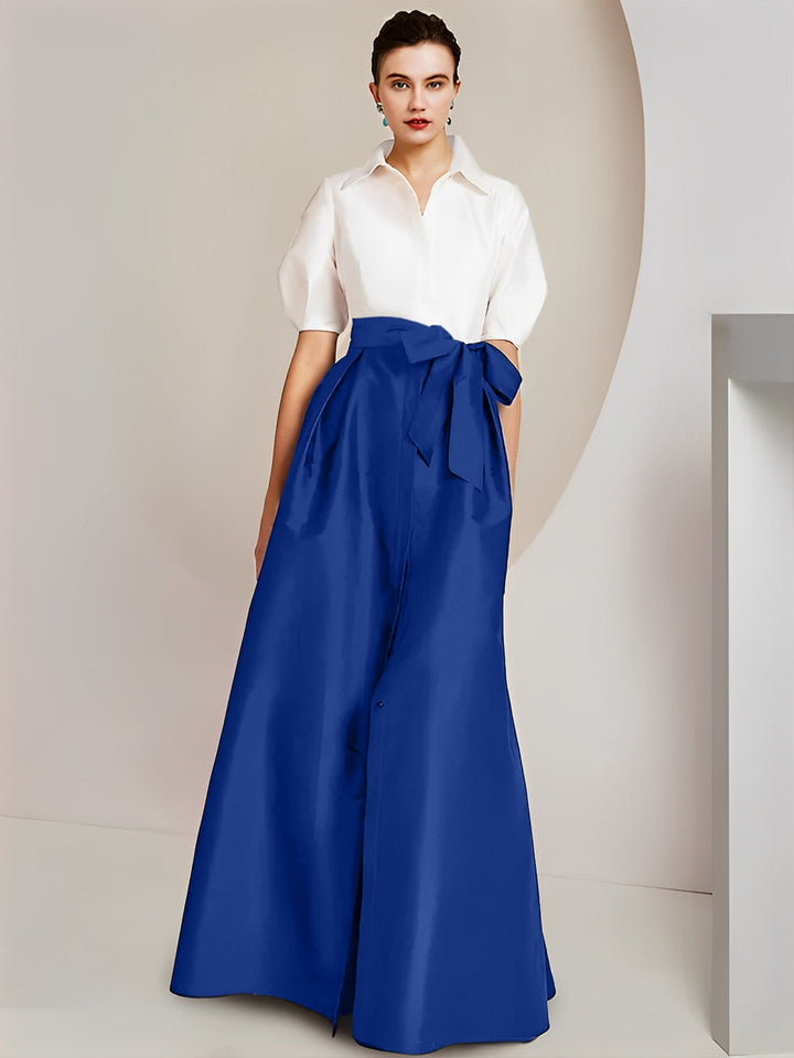 Robe Mère de la Mariée 2 Pièces Coupe A-Line/Princess, Col Chemise, Manches Courtes, Longueur Au Sol, avec Nœud