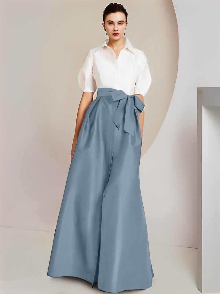 Robe Mère de la Mariée 2 Pièces Coupe A-Line/Princess, Col Chemise, Manches Courtes, Longueur Au Sol, avec Nœud