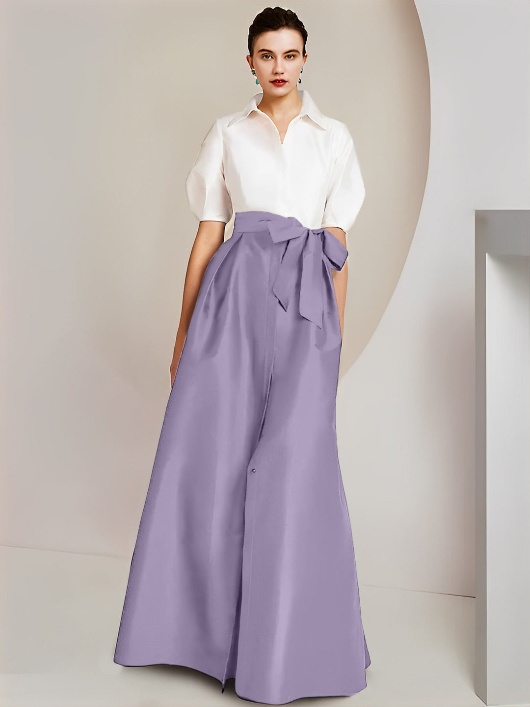 Robe Mère de la Mariée 2 Pièces Coupe A-Line/Princess, Col Chemise, Manches Courtes, Longueur Au Sol, avec Nœud