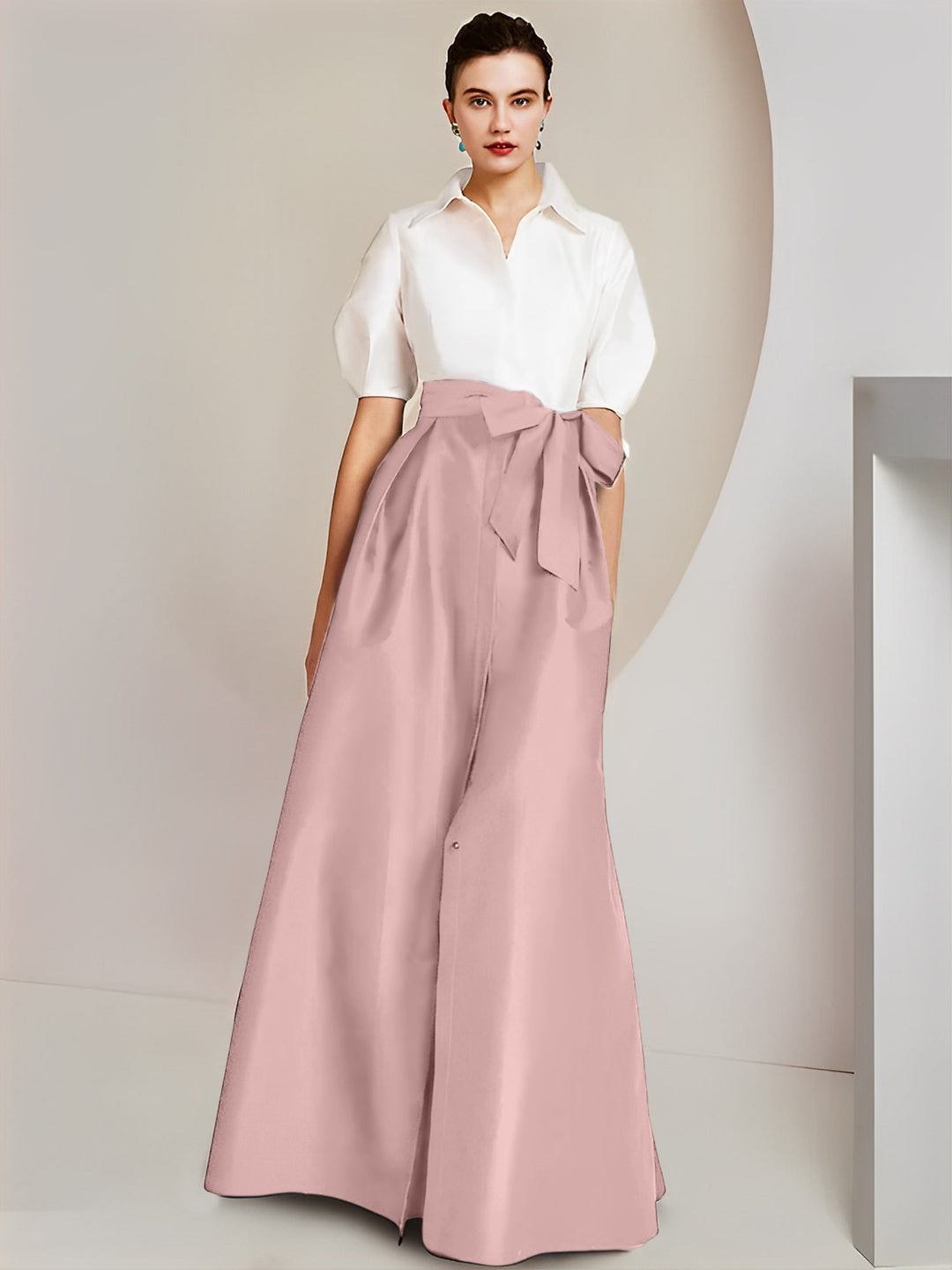Robe Mère de la Mariée 2 Pièces Coupe A-Line/Princess, Col Chemise, Manches Courtes, Longueur Au Sol, avec Nœud