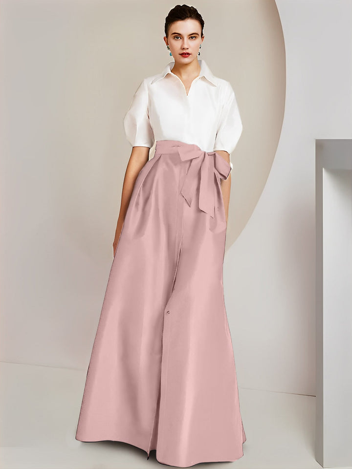 Robe Mère de la Mariée 2 Pièces Coupe A-Line/Princess, Col Chemise, Manches Courtes, Longueur Au Sol, avec Nœud