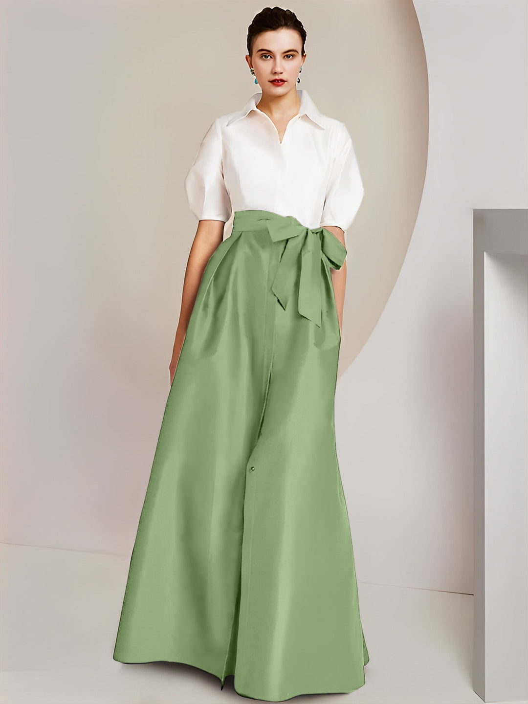 Robe Mère de la Mariée 2 Pièces Coupe A-Line/Princess, Col Chemise, Manches Courtes, Longueur Au Sol, avec Nœud