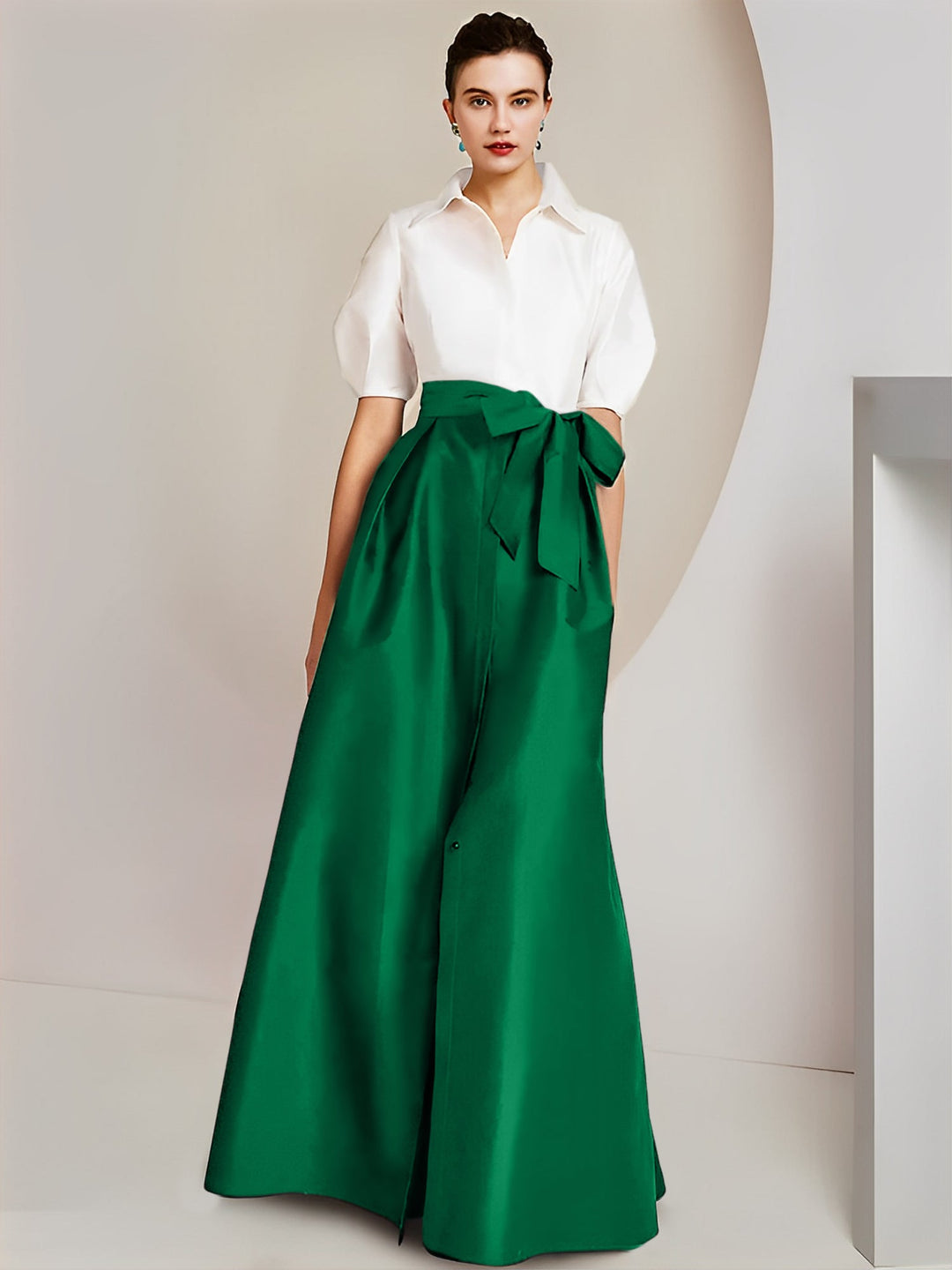 Robe Mère de la Mariée 2 Pièces Coupe A-Line/Princess, Col Chemise, Manches Courtes, Longueur Au Sol, avec Nœud