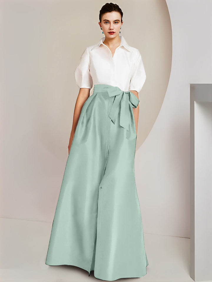 Robe Mère de la Mariée 2 Pièces Coupe A-Line/Princess, Col Chemise, Manches Courtes, Longueur Au Sol, avec Nœud