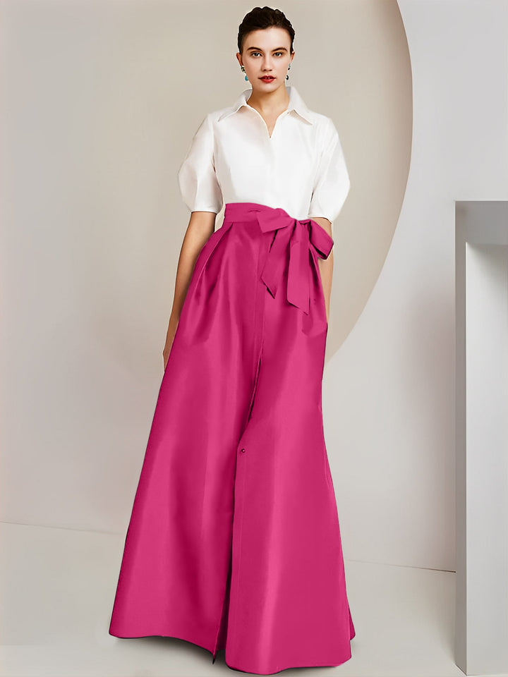 Robe Mère de la Mariée 2 Pièces Coupe A-Line/Princess, Col Chemise, Manches Courtes, Longueur Au Sol, avec Nœud