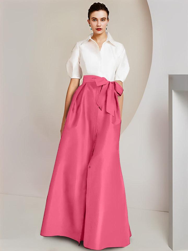 Robe Mère de la Mariée 2 Pièces Coupe A-Line/Princess, Col Chemise, Manches Courtes, Longueur Au Sol, avec Nœud